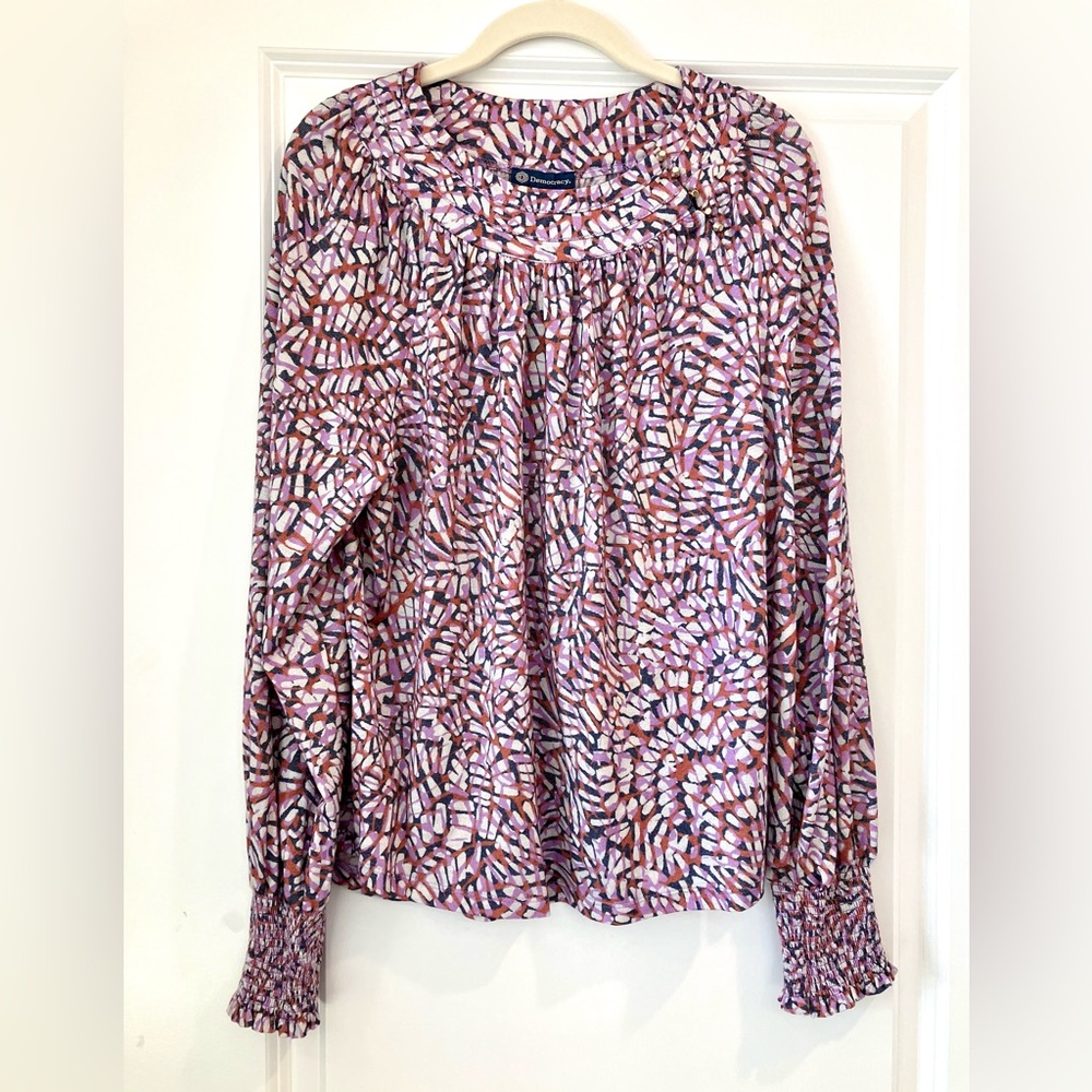 Democracy Smock Blouse Long Sleeve Relaxed Fit Size Large Purple Abstract Print